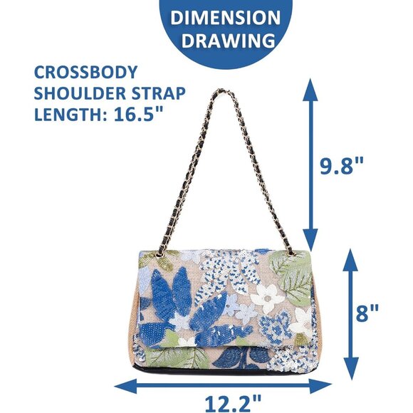 Handmade Bohemian straw tote bag with sequin embroidery blue floral perfect for - Picture 3 of 4